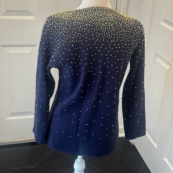 Vintage 80's Bonnie Boerer Embellished Navy Sweater with Gold Beads S - Picture 5 of 14